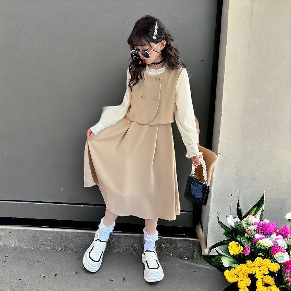 Spring Fall Girls Princess khaki Dress Children Costumes Autumn Long Sleeve Patchwork Party Outfits Kids Clothes 6 8 10 12 Years