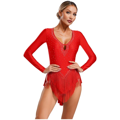 Imagen 2 del producto Traje de baile latino para mujer, faldas de baile con borlas y cuello en V con diamantes de imitación brillantes, uniforme de competición de patinaje sobre hielo