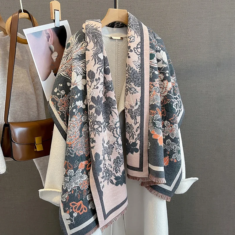 

Designer Winter Warm Cashmere Scarves Women Floral Print Thicken Pashmina Shawl Elegant Lady Wool Poncho Windproof Pareo