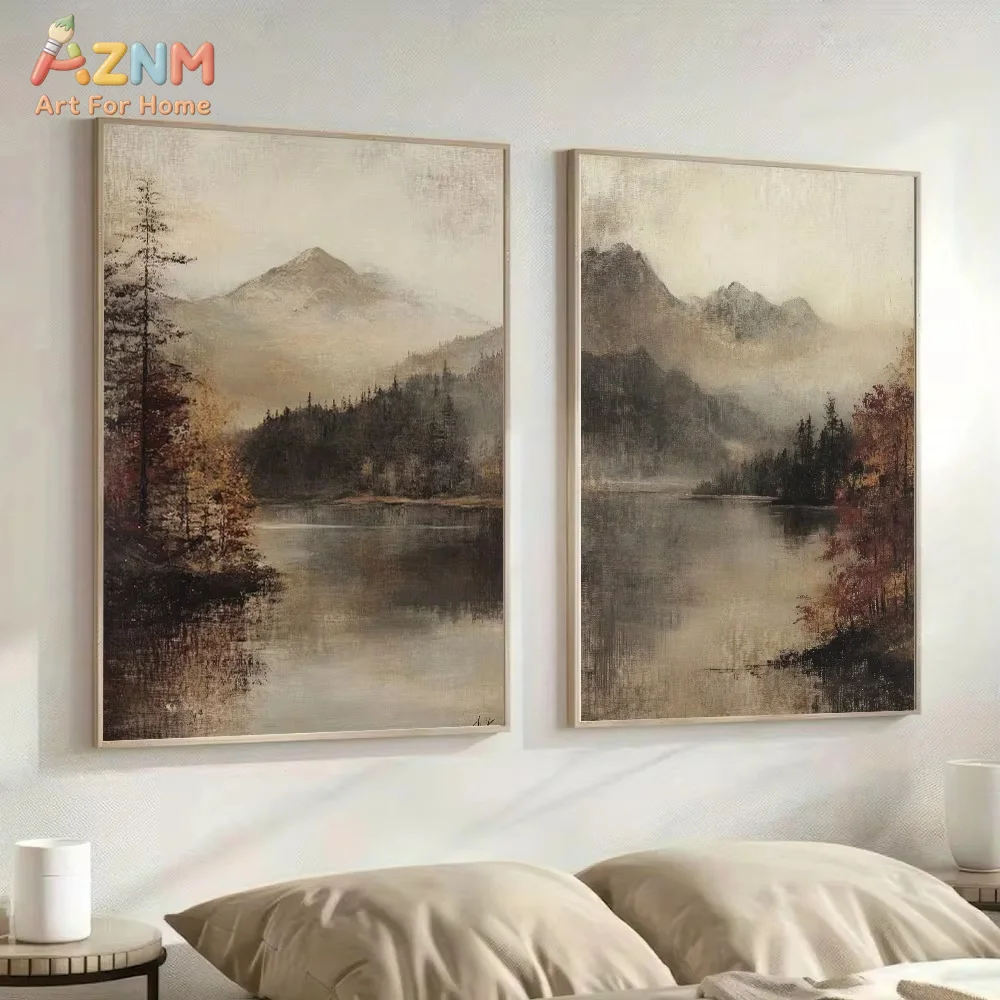 2 Stück Vintage-Poster mit Moody Mountain Forest Lake-Motiv, ungerahmte minimalistische Academia-Landschafts-Wandkunst-Leinwand für die Dekoration des Wohnzimmers
