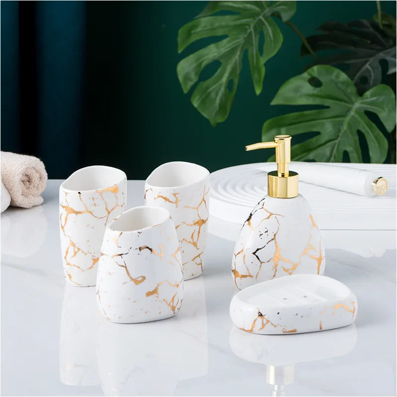 bathroom accessories set Marble gold pattern ceramics toothpaste dispenser soap box toothbrush holder bathroom cup lotion bottle