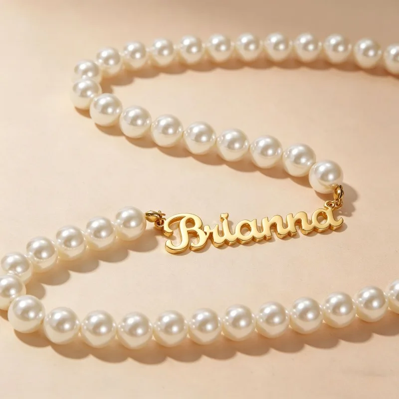 

Personalized Custom Name Pendant Fashion Pearl Beaded Necklace For Women Stainless Steel Nameplate Choker Creative Jewelry Gift