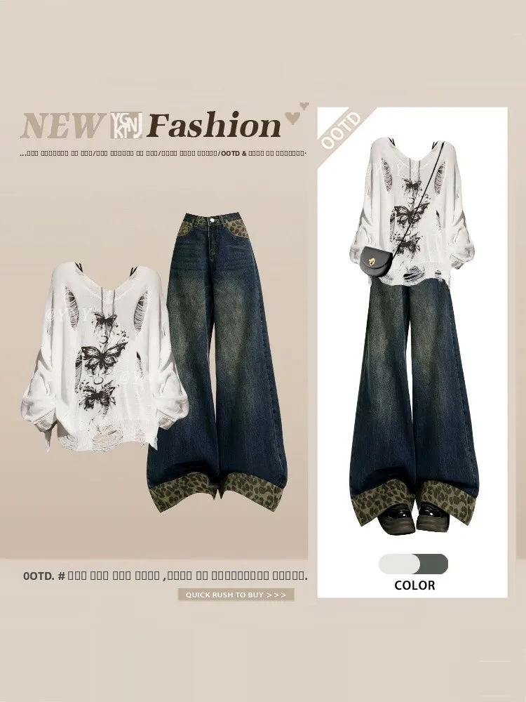 

American Sle Loose Knitted Top with Hole round Ne Spring Sexy Leopard Print Jeans Set Women's Faion Ensemble