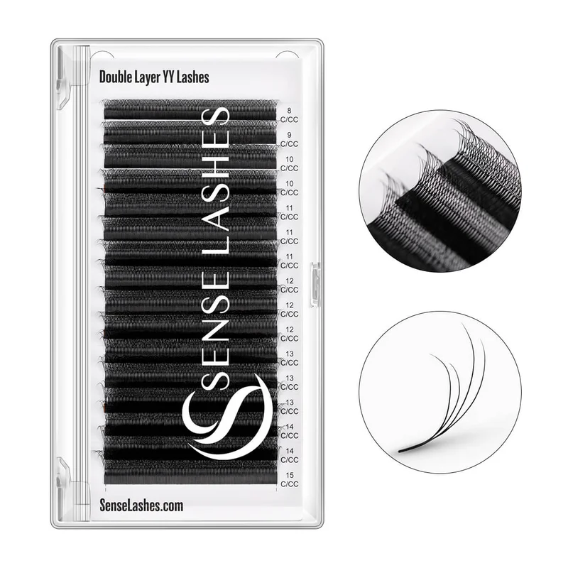 

Накладные ресницы SENSE LASHES, 16 рядов, двойной слой, YY-форма, C/CC-изгиб, Y-образные 4D ресницы, матовые черные, мягкие, с эффектом натуральных волосков и текстурой, готовые объемные пучки