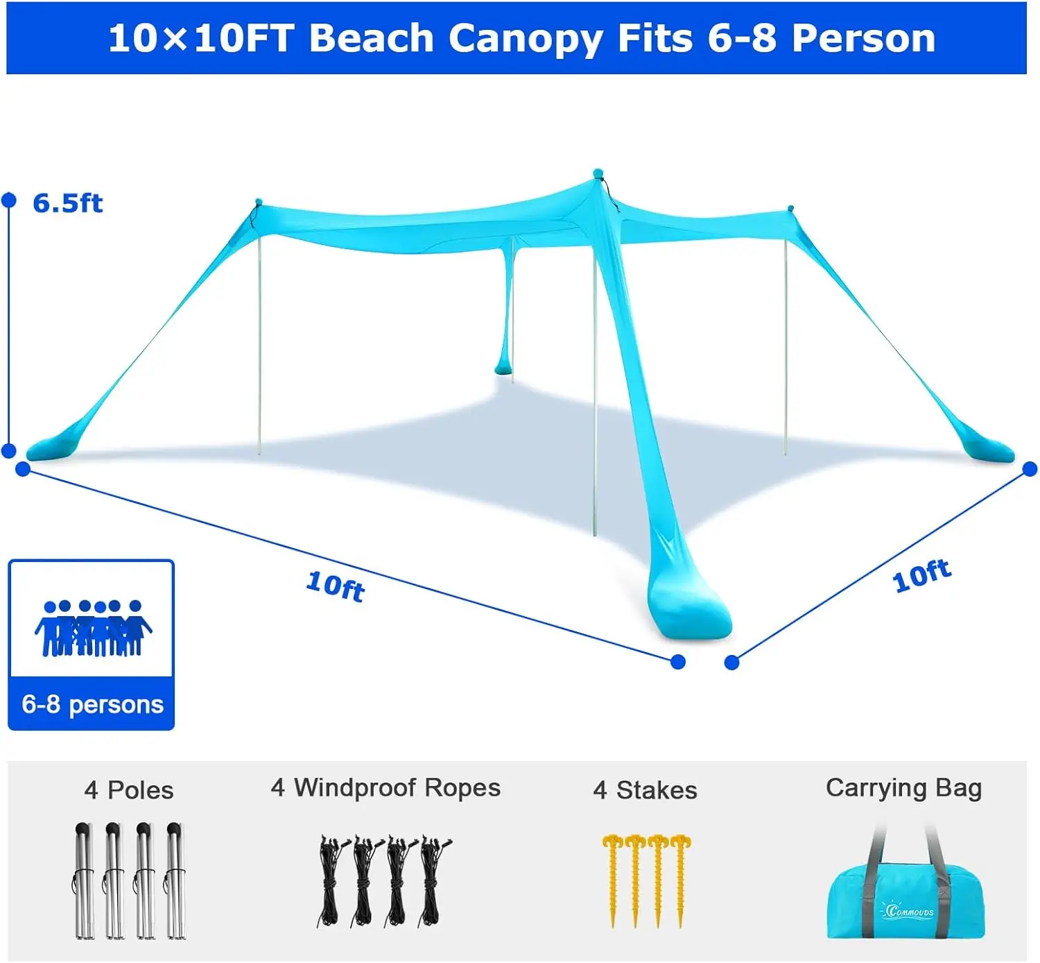 Beach Tent, Camping Sun Shelter with UPF50+ Protection, Sand Shovels, Ground Pegs and 4 Stability Poles, Outdoor Pop Up