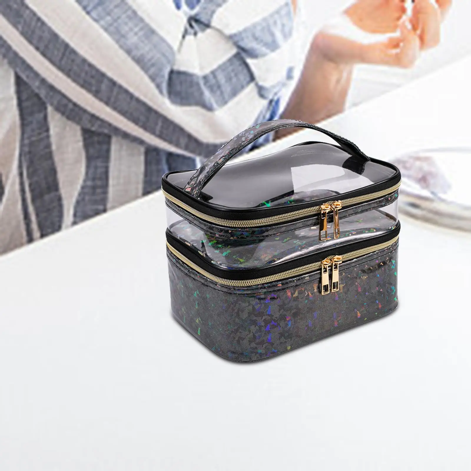 Double Layer Cosmetic Bag Makeup Bag Toiletry Bag Multifunctional Foldable