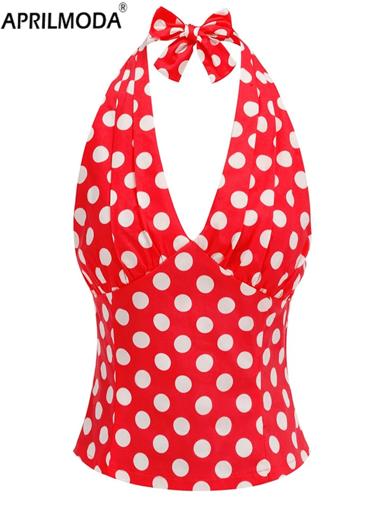 Polka Dot Print Cotton Halter Vintage Tops for Women 50s Sleeveless Hot Girl Retro Pinup Sexy Party Holiday Tshirt Rock Clothing