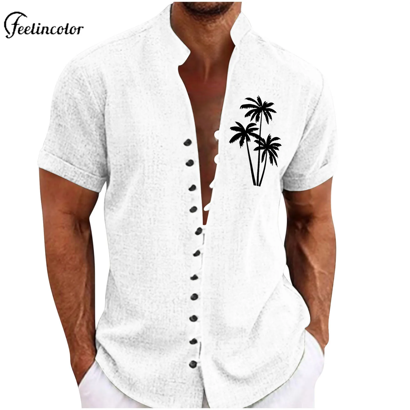 Casual Coconut Tree Print Men's Shirt Stand-up Collar Short Sleeved Tops Summer Holiday Beach Clothing Daily Shopping Streetwear - Image 6