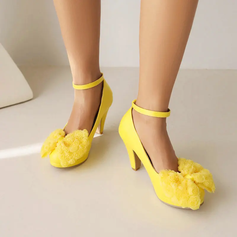 Plus Size 34-48 Bright Yellow Blue Round Toe Lady Mary Janes Shoes Spike High Heels Stiletto Women Pumps With Lace Flower Bowtie