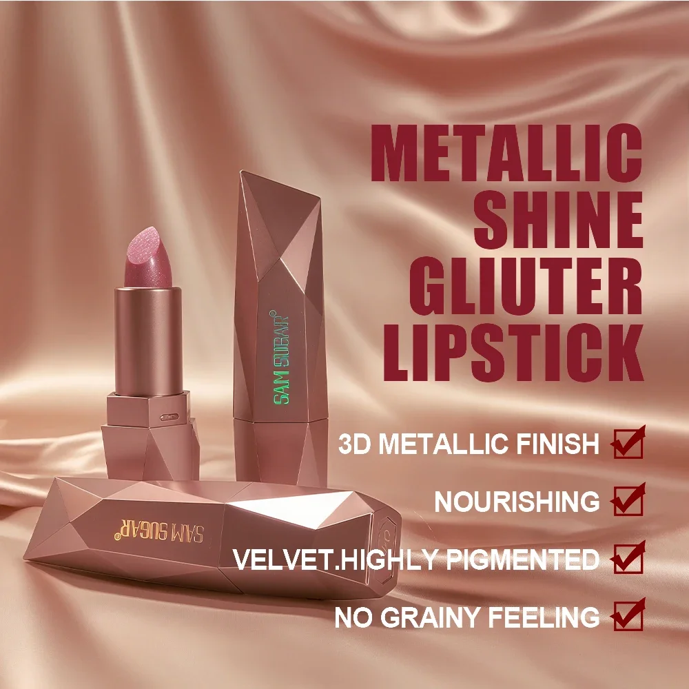 Diamond Glitter Lipstick Long Lasting Waterproof Moisturizing Highly Pigmented Metallic Shine Pearlescent Non Stick Cup Lip Colo