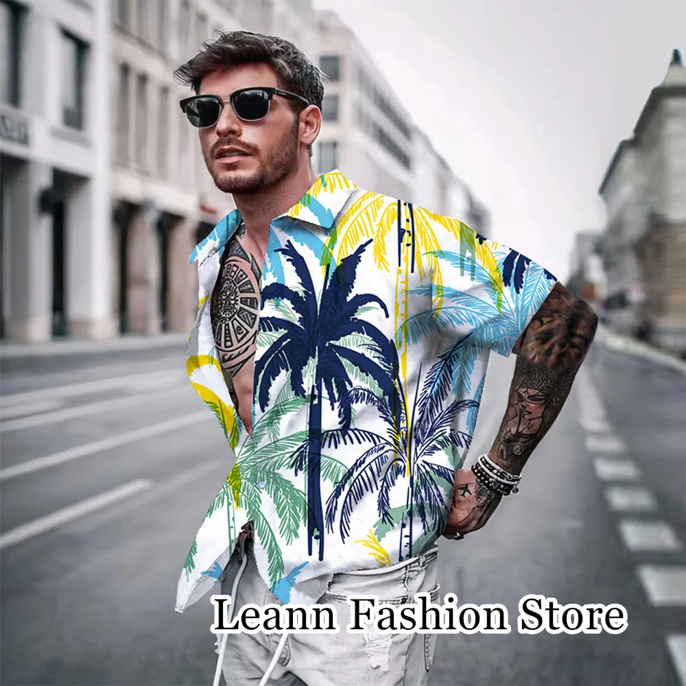 Camisa masculina de botão estampado de coco, casual havaiana de férias, roupa de lazer manga curta, moda 3D, verão