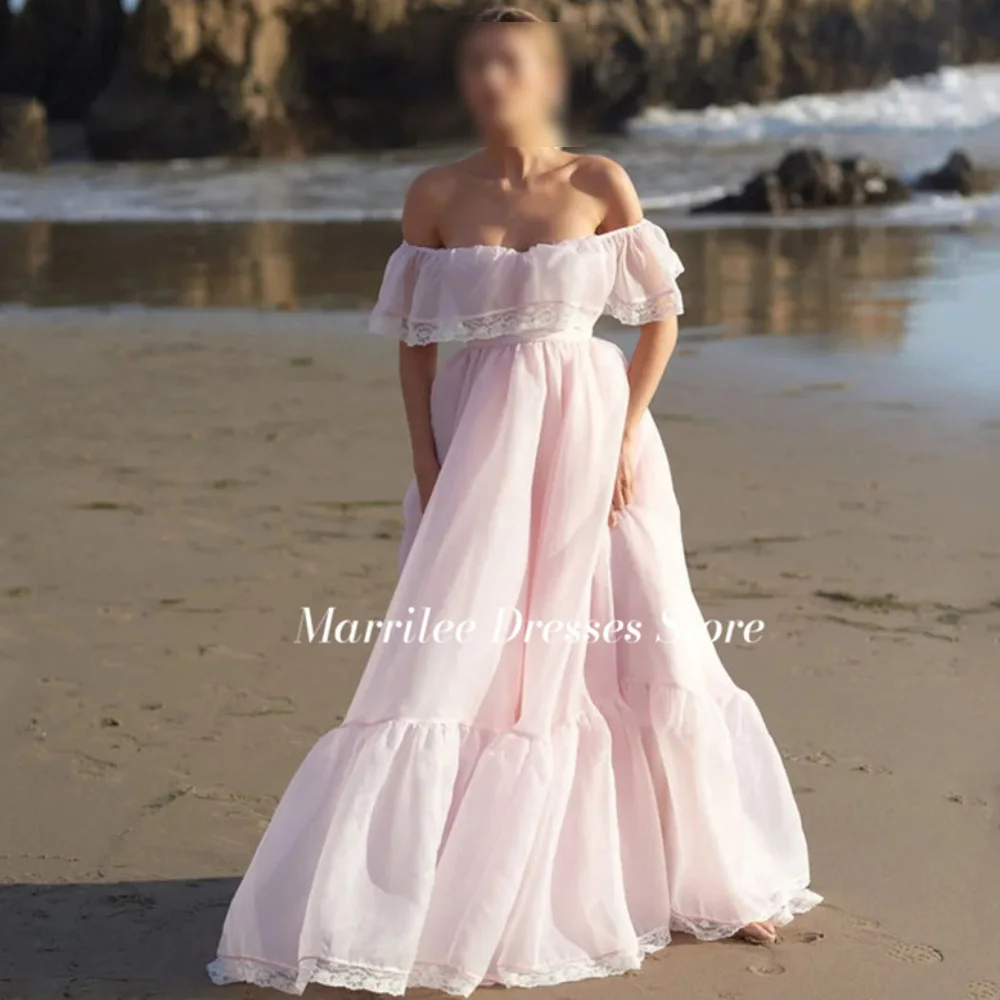 Marrilee Princess Pink Off Shoulder Pleated Applique Prom Dress charming A-Line Boat Neck Floor Length Organza Evening Gown 2024