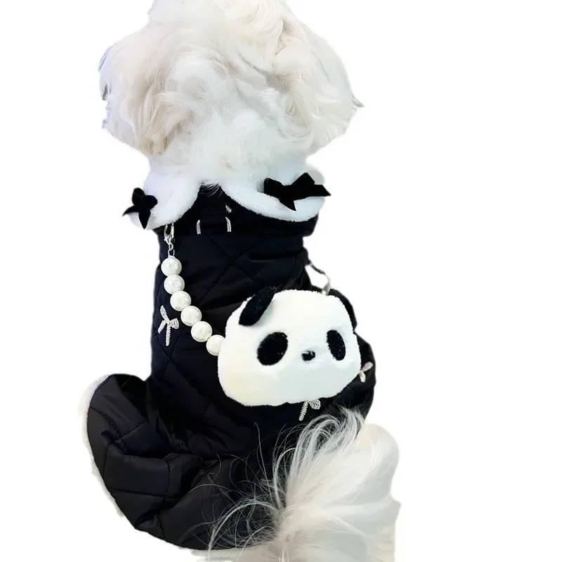 Cute Puppy Dress Winter Pet Dress Cute Pearl Shoulder Bag Cat Clothes Dog Parkas Can Be Pulled Clothes Panda Vest Puppy Skirt