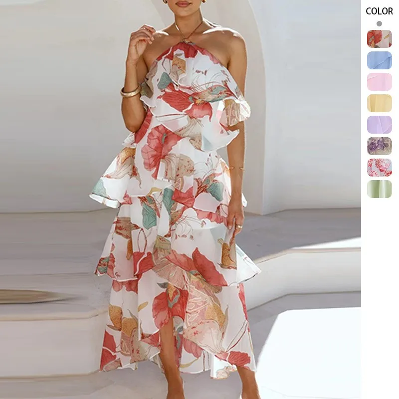 Elegante Vestido Maxi de Fiesta de Gasa con Hombros Descubiertos, Vestido de Noche sin Mangas con Cuello Halter, Vestido Largo con Dobladillo Asimétrico Floral