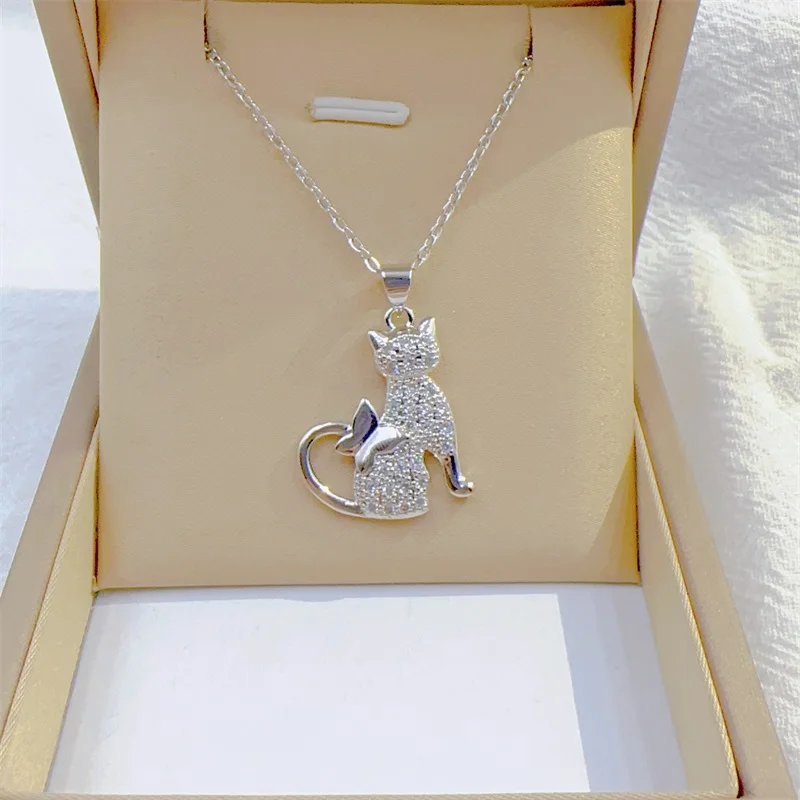 Exquisite Micro-inlaid Cute Cat Necklace Fashion Personality Long Tail Butterfly Animal Stainless Steel Versatile Clavicle Chain