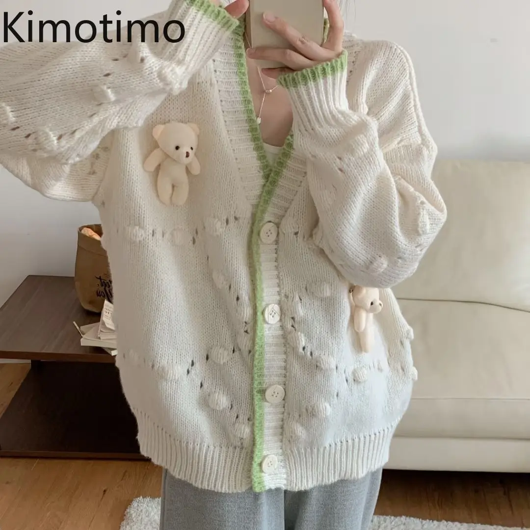 

Kimotimo, милый жаккардовый вязаный кардиган, женский осенне-зимний свободный свитер с v-образным вырезом контрастного цвета, пальто, корейские полые повседневные топы