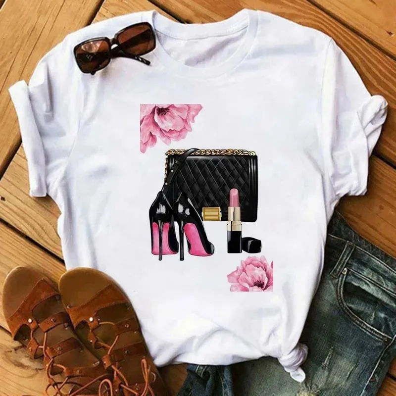 Pink High Heels Flowers Bag Print T Shirt Women Trendy Hipster Harajuk Kawaii Short Sleeves Tops Tee Shirt Femme Clothes