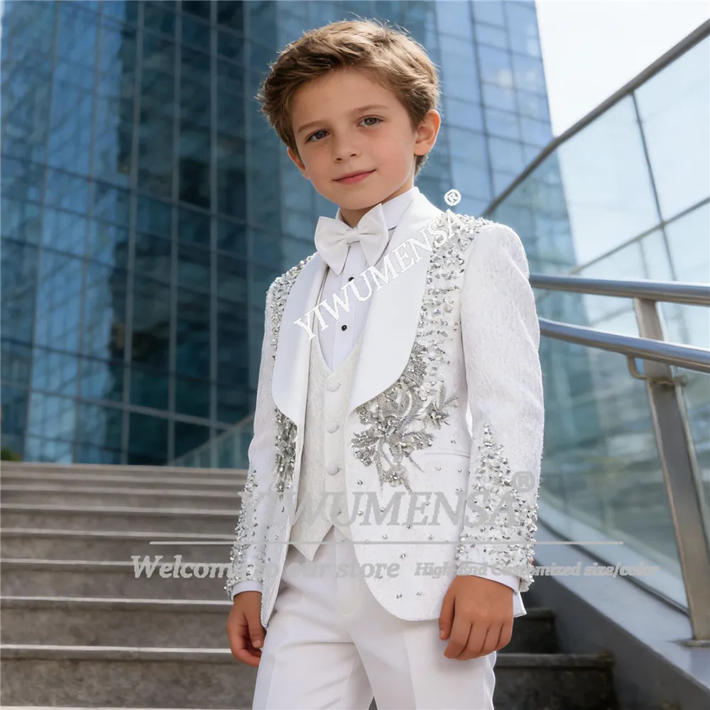 Unique Design Children Suits For Wedding Appliques Beads Crystal Floral Boys Blazers Customized 3 Piece Sets Kids Tuxedos Luxury