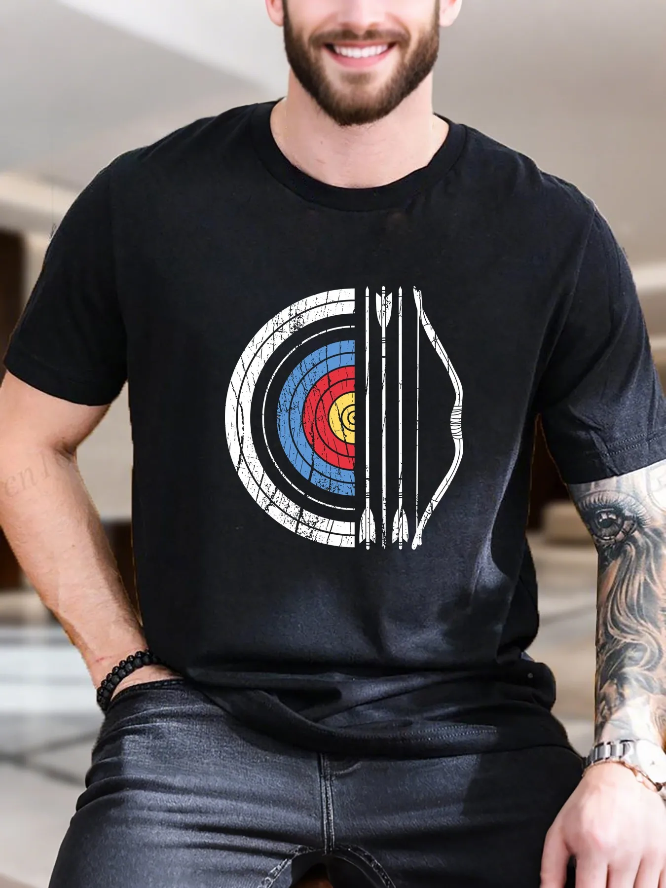 

New Arrival Fashion Men's Printed Short Sleeve T-Shirt Red Yellow Circle Design on Blue 100% Cotton Breathable Comfortable Casual