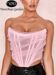 NewAsia Boning Mesh Corset Tops Women Slash Neck Backless Ruched Sexy Summer Crop Top Pink Strapless Tank Top Lavender Cropped