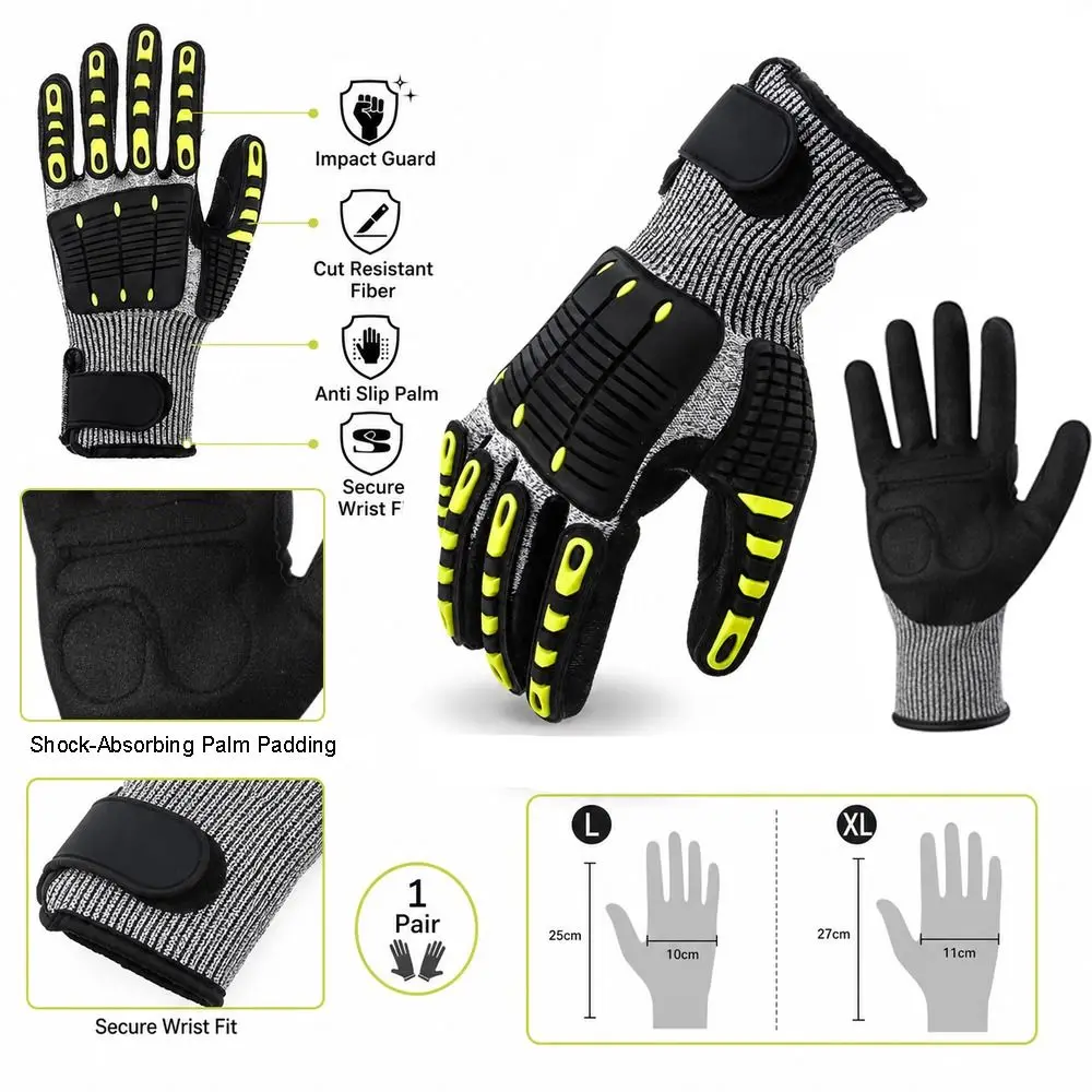 1 Pair Cut Resistant Fiber Safety Work Gloves Rubber Guard Knitted Cuff Cut Resistant Gloves Adjustable Wrist Strap