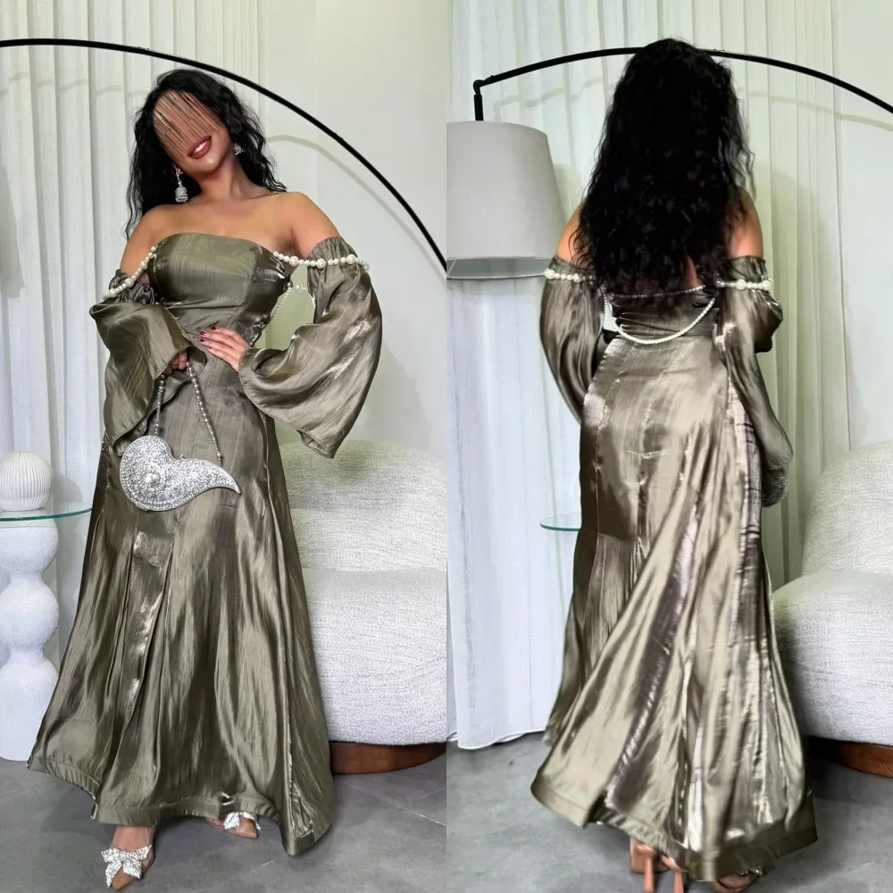 Robe de soirée en satin, tenue de soirée décontractée, drapée, plissée, perles, ligne A, épaules dénudées, sur mesure, robes midi