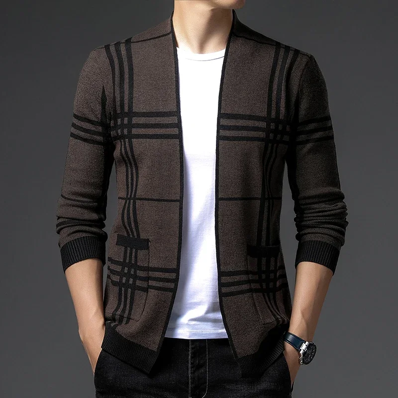 New in Autumn Smart Casual Striped Men's Knitted Sweaters for Men Streetwear Fashion Male Cardigans with Pocket Luxury Tops