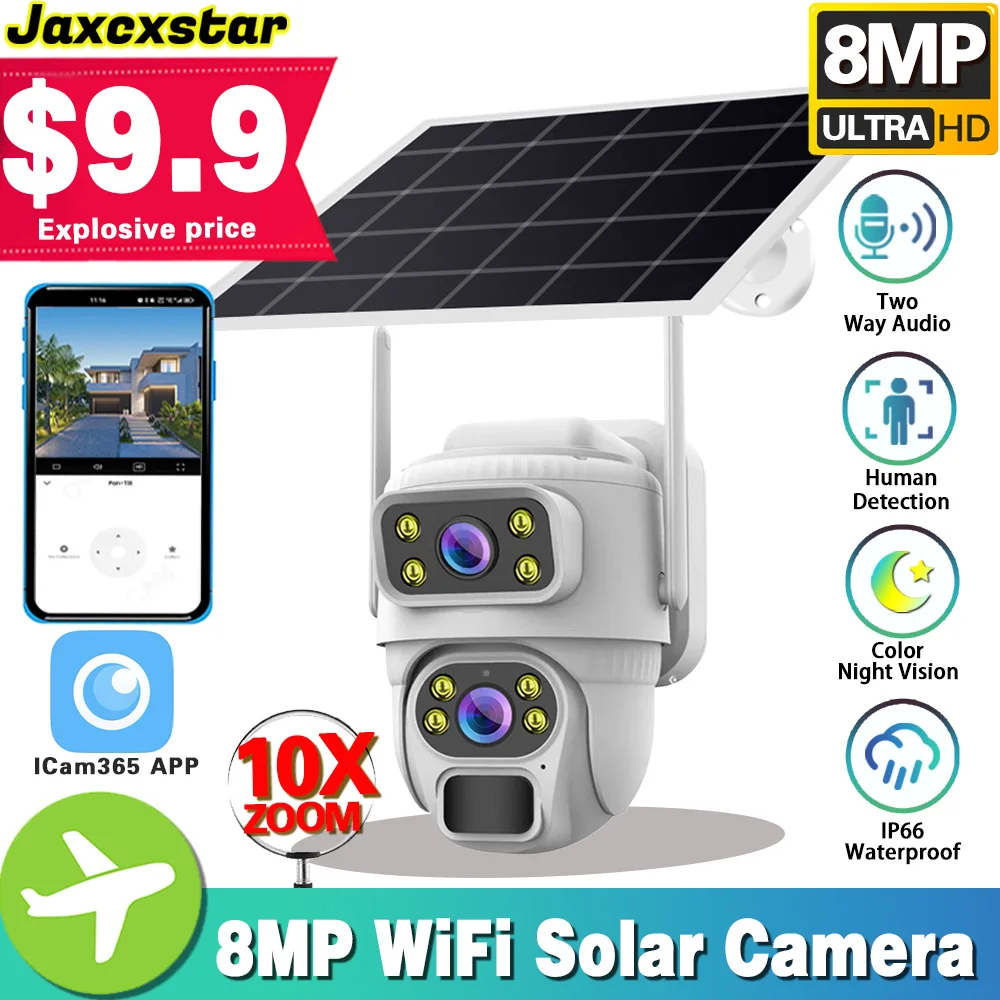 

8MP Solar Wireless Security 10x zoom Camera outdoor Color Night Vision Two Way Audio low power consumption Battery Solar PTZ Cam