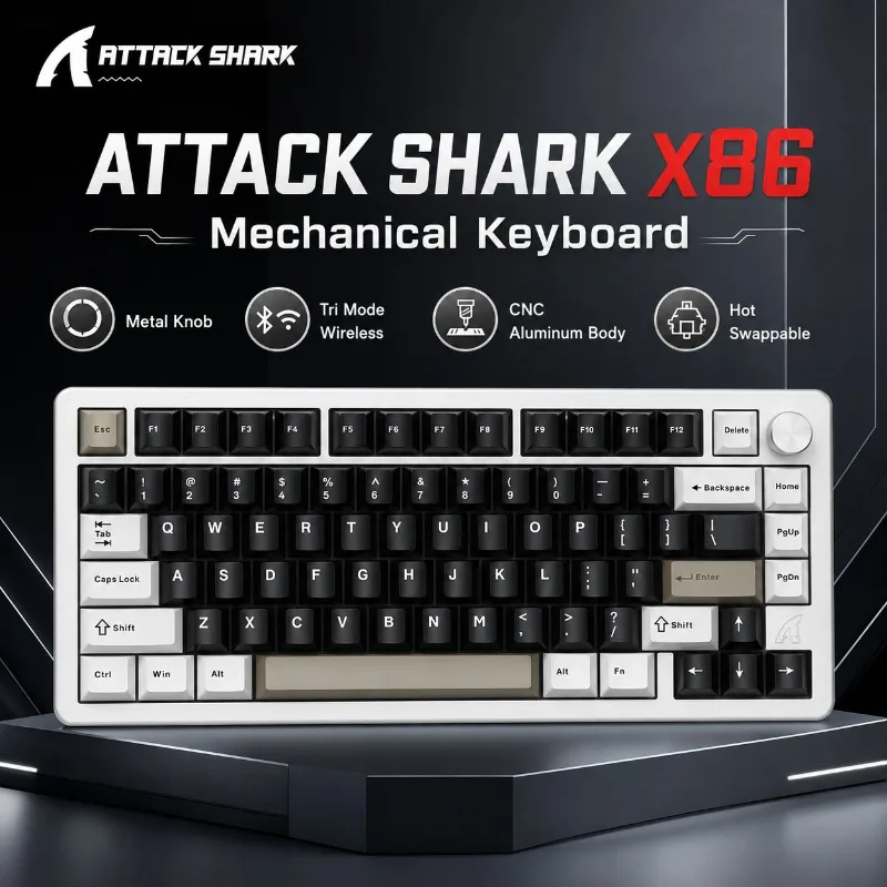 ATTACK SHARK X86 Mechanical Gaming Keyboard 82 Key CNC Aluminum Tri Mode Wireless RGB Hot Swappable Gasket Knob for PC Mac Gamer