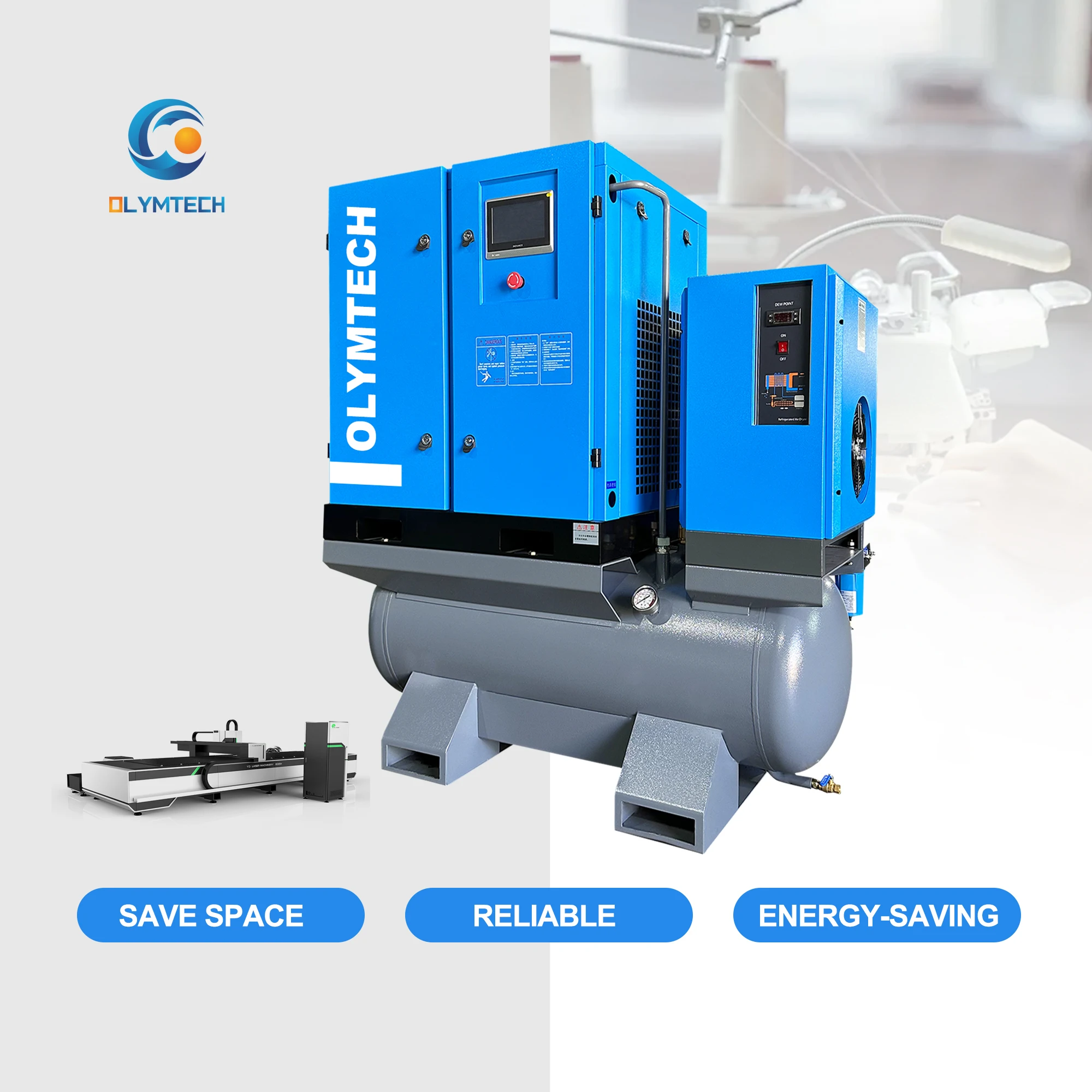 Factory of 4-in-1 VSD Screw Air Compressor (mounted With Air Dryer, Air Tanker, Piping Filters)for Fiber Laser Cutting Industry