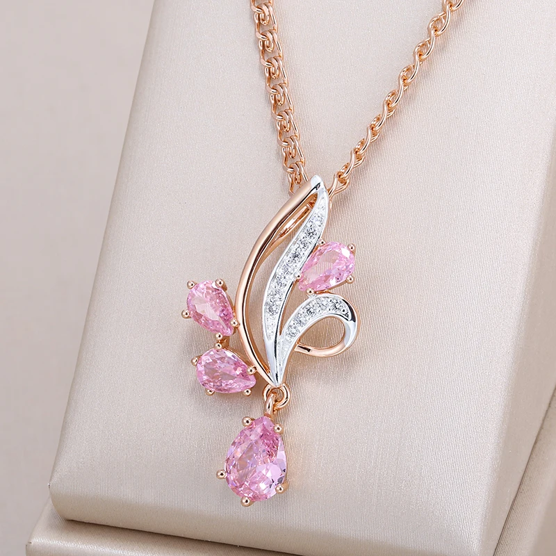 Kinel Shiny Pink Natural Zircon Flower Pendant Necklace For Women Fashion 585 Rose Gold Silver Color Mix Daily Ethnic Jewelry