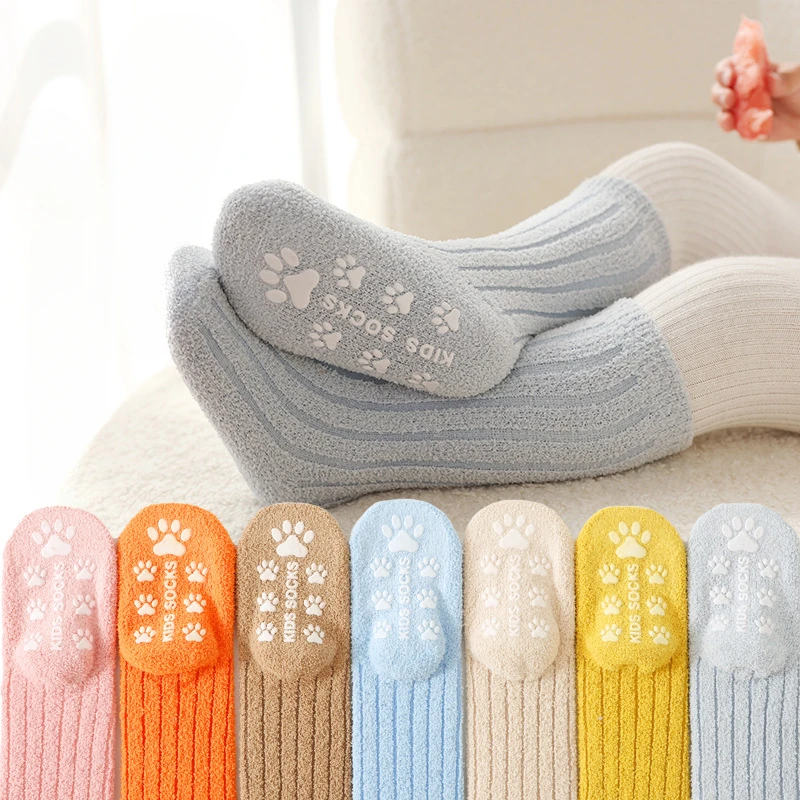 Cute Solid Baby Socks Girls Boys Silicone Anti Slip Soft Plush Warm Winter Autumn Toddler Indoor Floor Thicken Socks for Kids