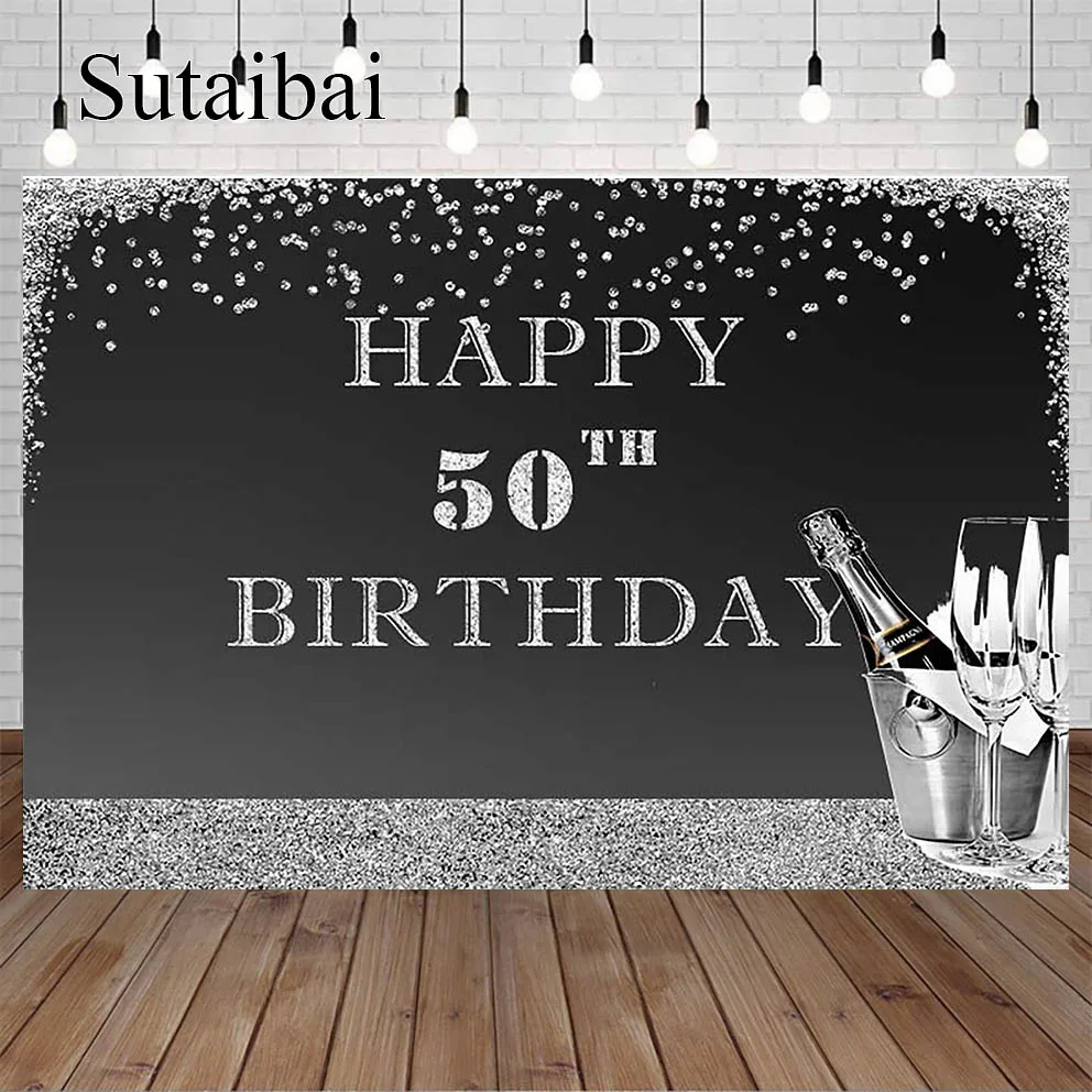 

Happy 40th 50th Birthday Photography Backdrop Champagne and Glass Picture Backdrop Silver Glitter and Black Photo Background