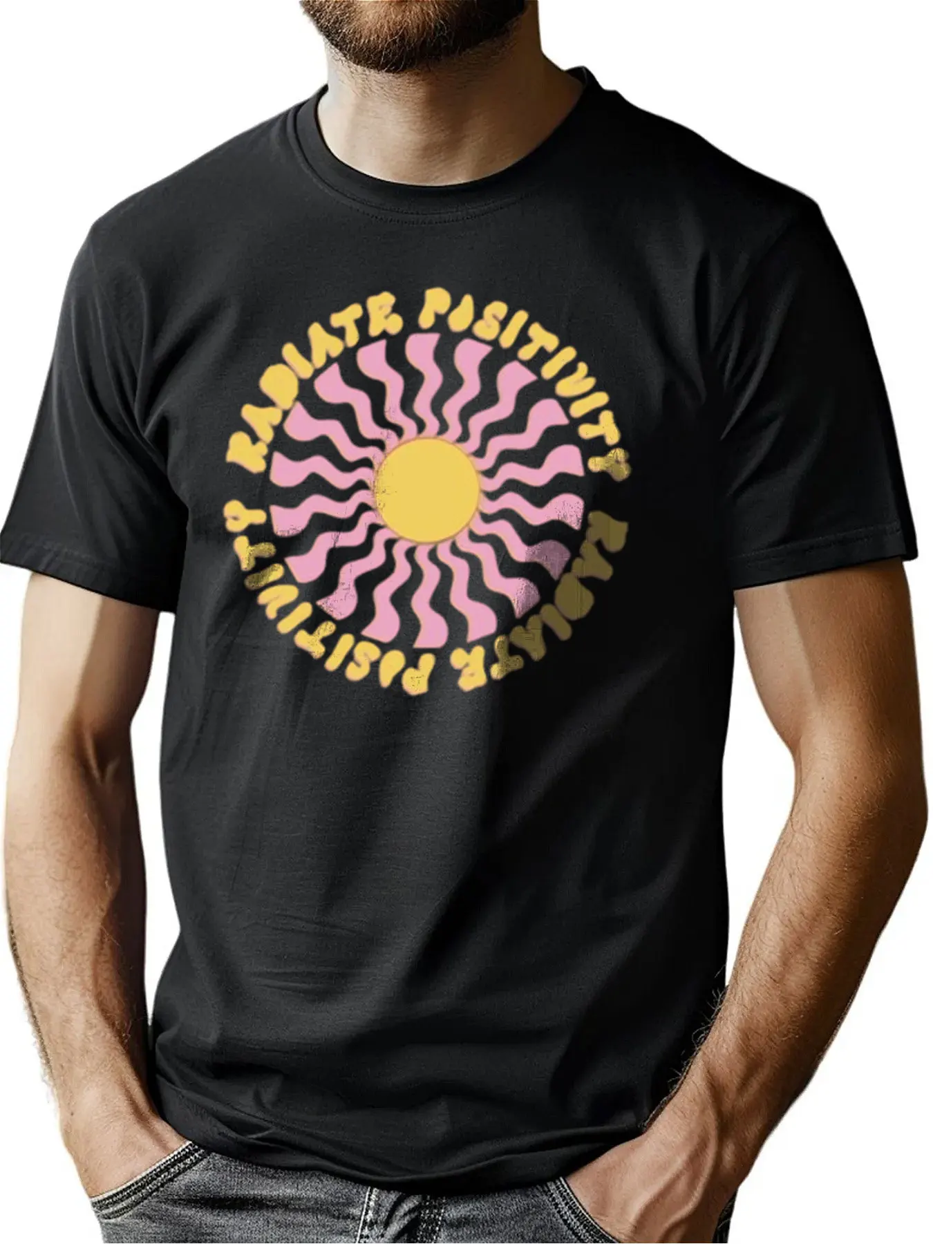 

Men's Premium Cotton Crew Neck Tee With "Radiate Positivity" Sun Pattern, Soft Casual Shirt For Outdoor Activities, Christmas G