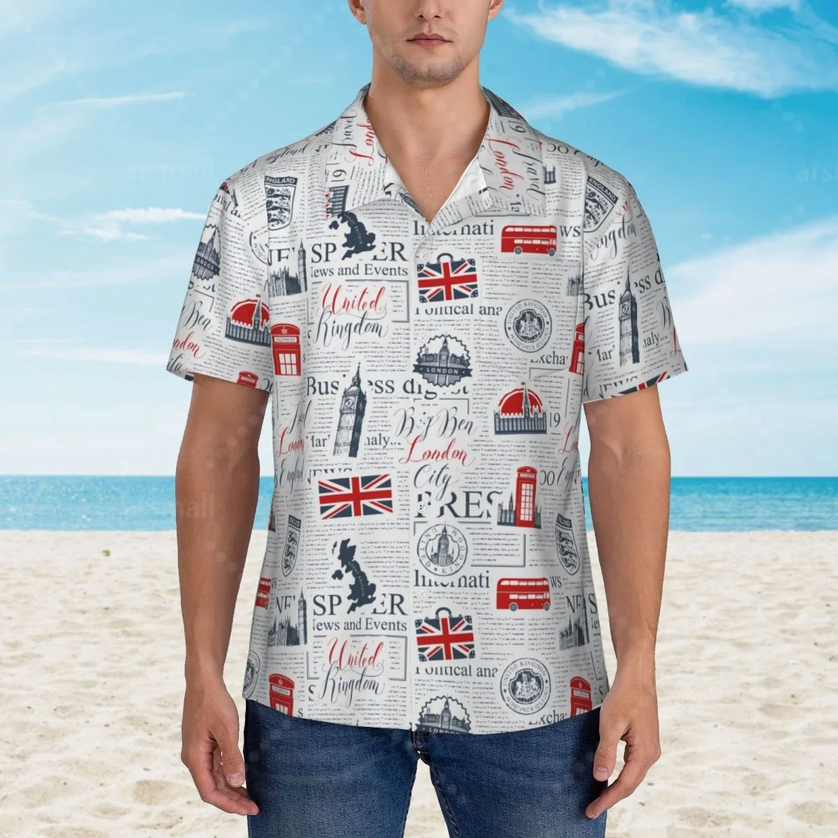 

UK British Symbol Hawaiian Shirt Men Short Sleeve Casual Floral Print Beach Shirt Summer Vacation Shirt