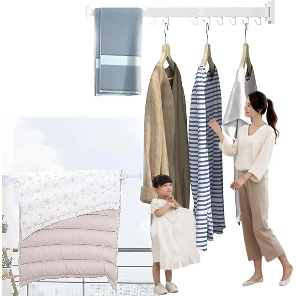 

Wall-Mounted Retractable Clothes Drying Rack for Indoor & Outdoor Use, Extendable Hanger with White Rod for Laundry and Balcony