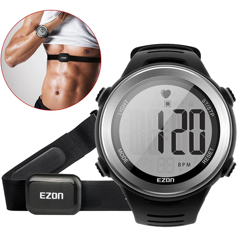 Montre de sport numérique sans fil pour hommes et femmes, avec moniteur de fréquence cardiaque, étanche, bracelet de poitrine, pour course à pied,