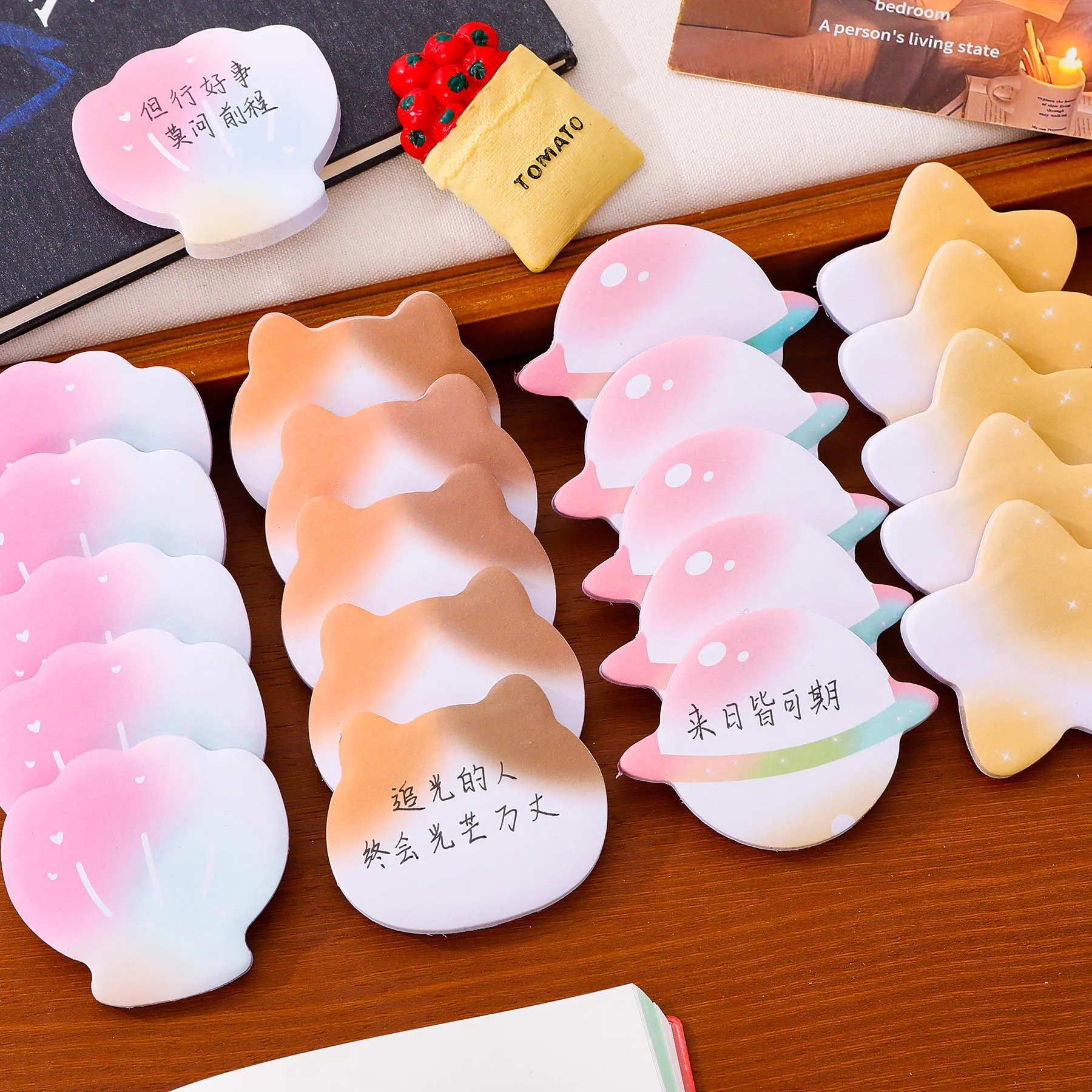12 Colors Gradient Sticky Notes Set with Star Shell Shapes N Stickers for Student Stationery Memo Pads Messages