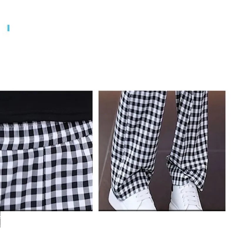 Spring Summer Checkered Pockets Contrast Color High Waisted Elastic Casual Loose Women\'s Clothing Wide Leg Trousers Pants