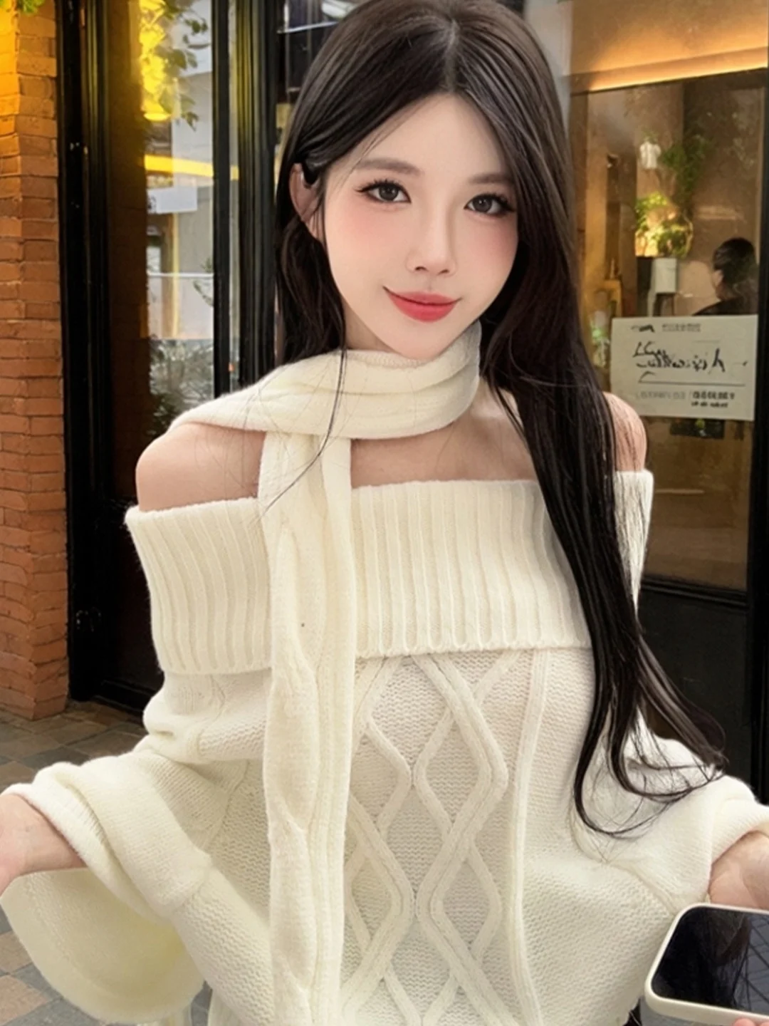

Ladies Loose Knitted Sweater Casual Style Fashionable Lazy One-Shoulder Design Breathable Polyester Long Sleeve Winter Top