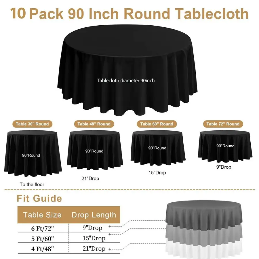 

Black Round Tablecloth 90 Inch, Polyester Fabric Round Table Cover, Stain amp Wrinkle Resistant Washable Table Cloth for Wedding