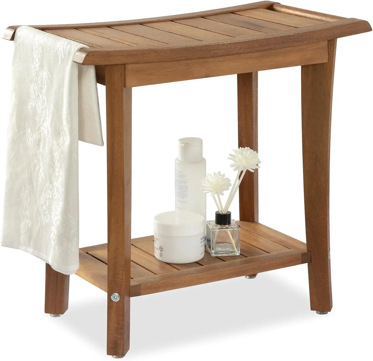

2-Tier Acacia Wood Shower Stool with Storage Shelf, Waterproof Heavy Duty Bathroom Bench for Sitting