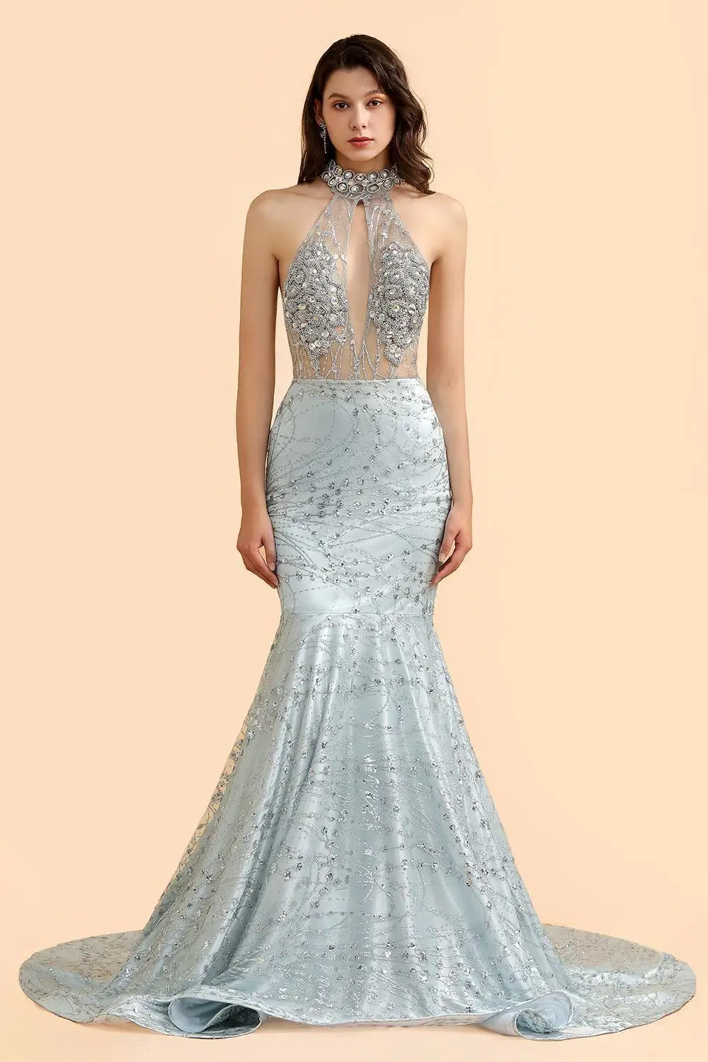 Luxury Arabic Glitter Evening Dresses Crystal Mermaid High Neck Sexy Backless Sequin Beaded Formal Party Prom Gowns Custom Made