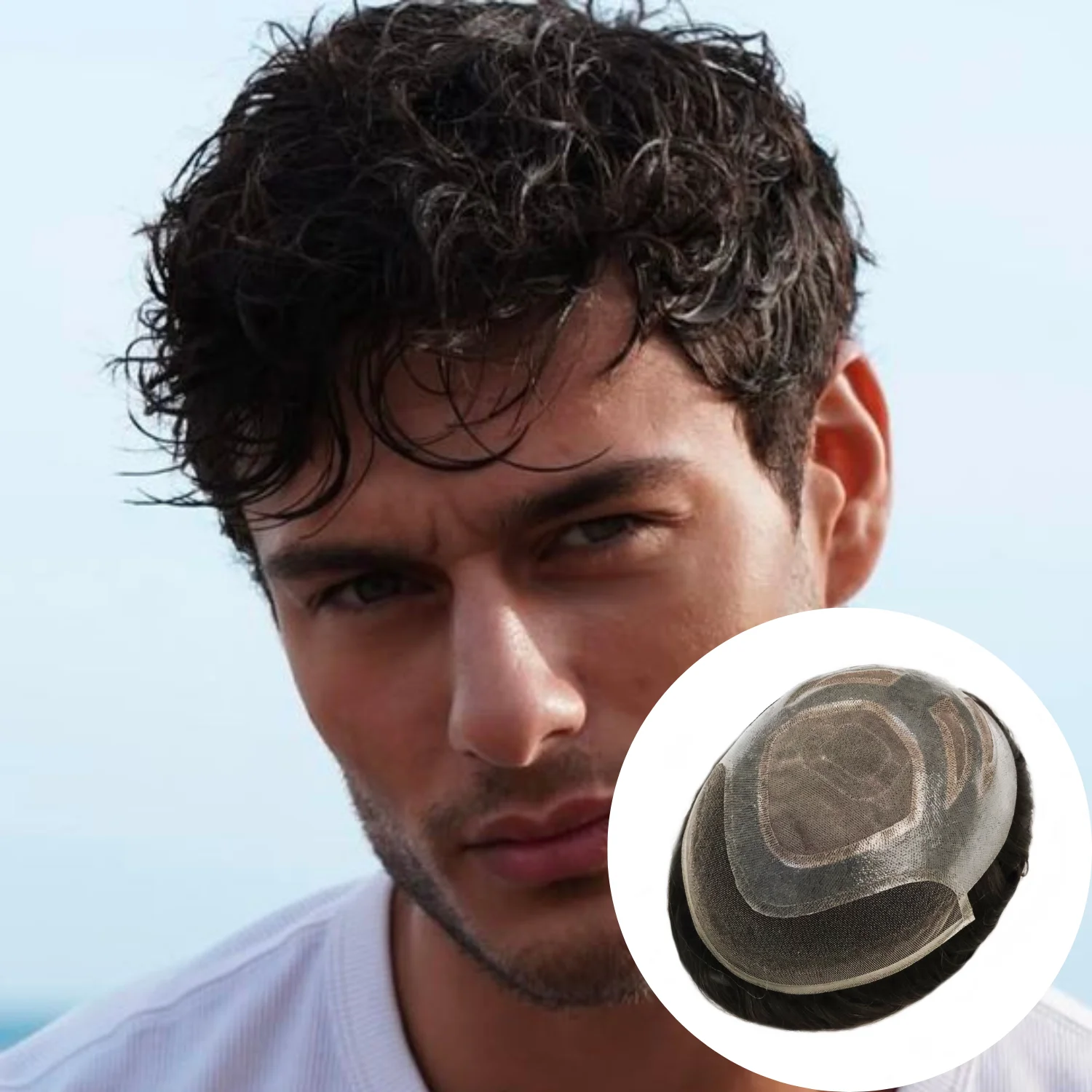 

DESHI Swiss Lace Front & PU Men Toupee Natural Hairline Male Hair Prosthesis 100% Human Hair Replacement System Men's Wigs