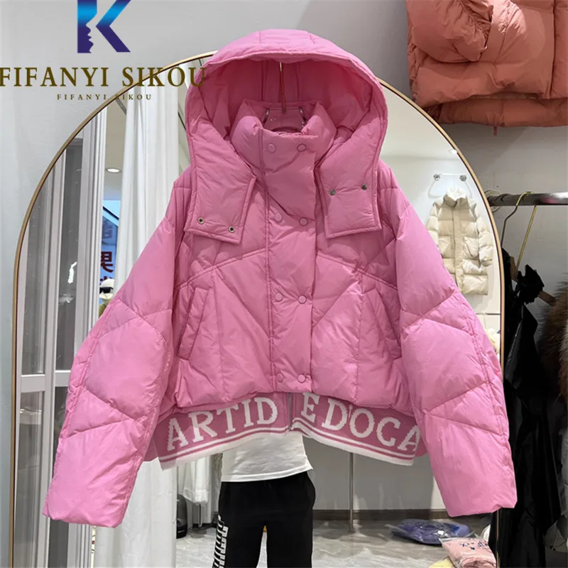 

Hooded Down Jacket Women Spliced Letter Knit Fashion Short Parkas Casual 2023 Winter Jacket Thick Warm Loose Cotton Coat Female