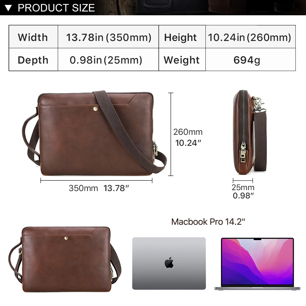Genuine Leather 14.2 inch Laptop Bag Men Sling Shoulder Bag Small Briefcase Business Bag Tote Computer Bag for Macbook Pro 14.2\