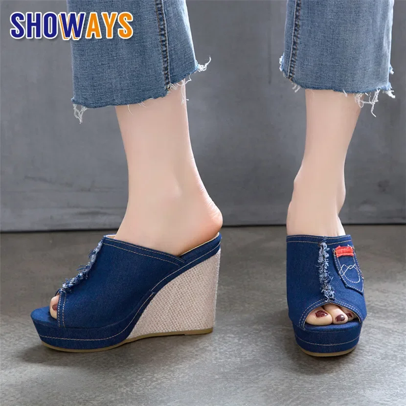 Plus size feminino plataforma chinelos preto azul denim salto alto cunha mules casual festa clube senhoras verão praia peep toe slides