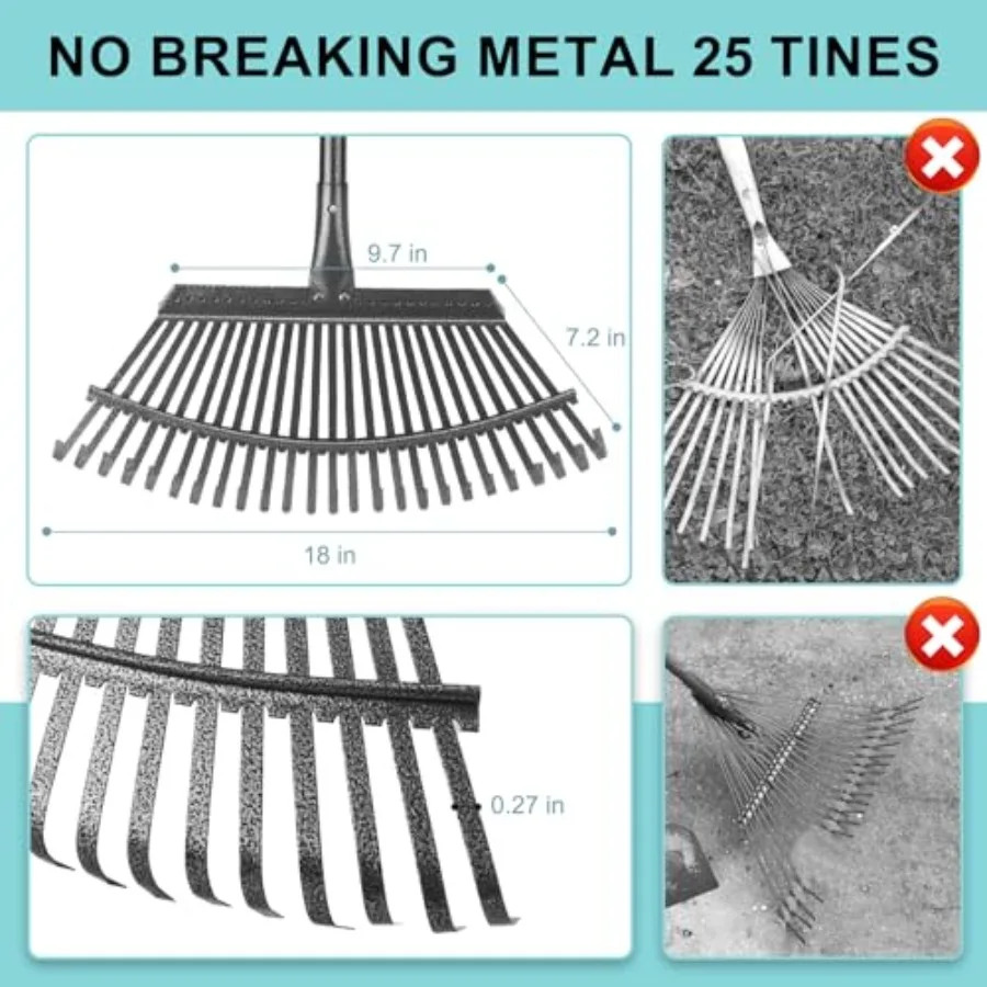 Ancinho de folhas de jardim resistente com 25 dentes de metal, alça ajustável de 18,5 polegadas de largura e 6 pés para quintal eficiente, gramado, arbustos e jardim le