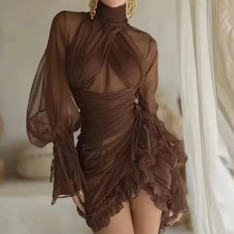 

Giyu Modern Brown Short Evening Dresses Chiffon Full Sleeves High Collar Cocktail Dresses Pleated Birthday Party Gowns Customizd