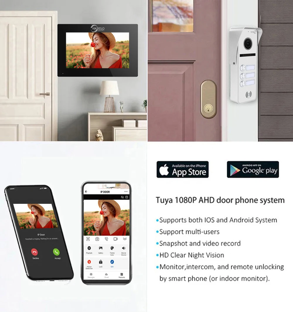 TUYA 7/10 Inch Video IntercomSmart Video Door Phone Smart Wifi Video Intercom 3*1080p Monitor+1 Rainproof Doorbell Camera Home